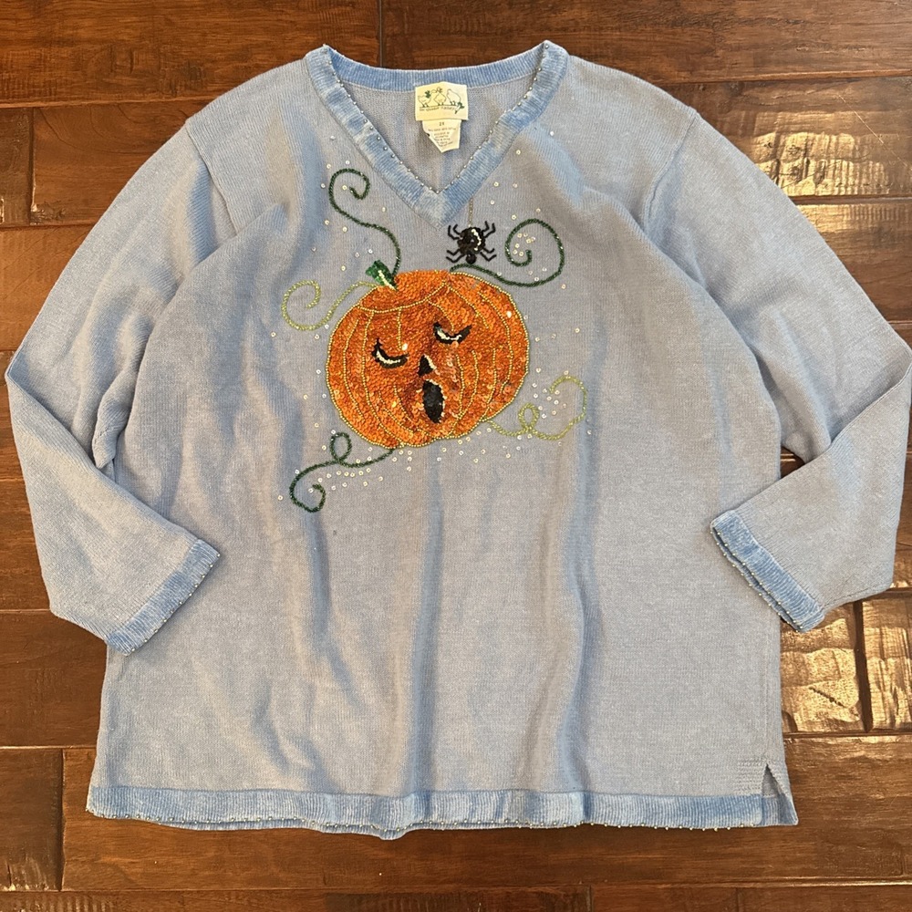 Quacker Factory Halloween Pumpkin Sequin Sweater Blue V-Neck Beaded 2XL Womens